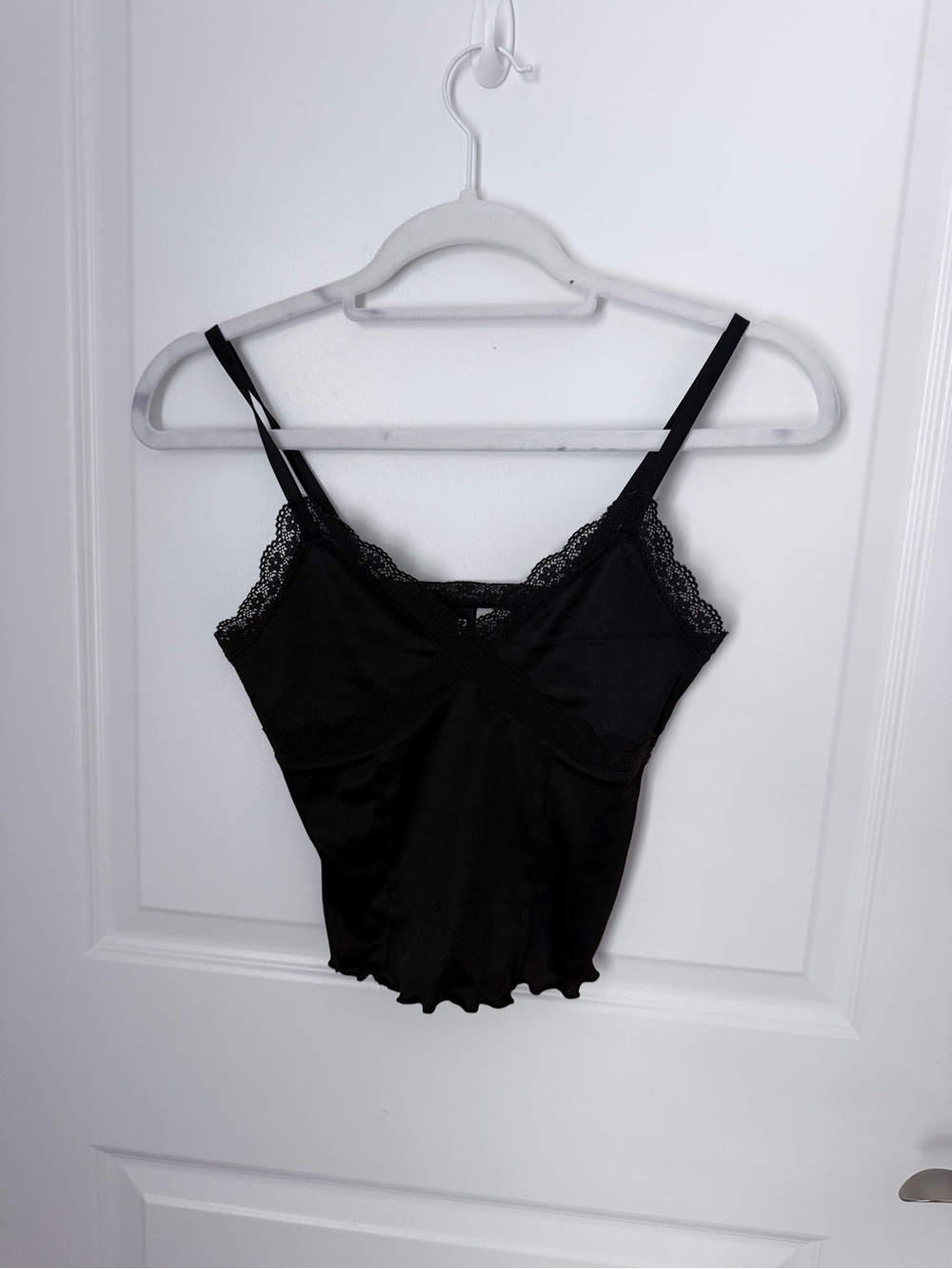 H&M Black Satin Cami with Lace Trim